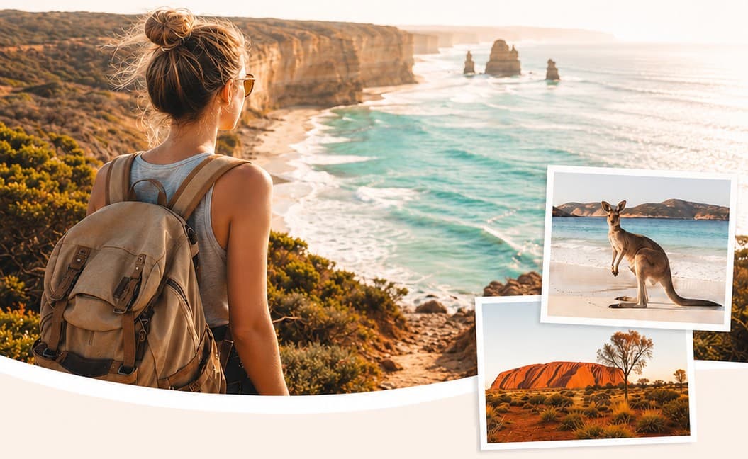 Backpackerin blickt auf die Steilküste Australiens, daneben Polaroids von einem Känguru am Strand und vom Uluru
