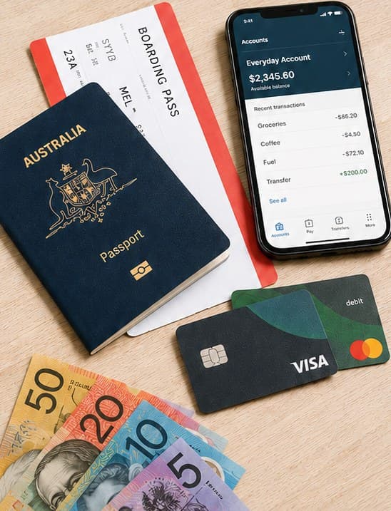 Reisepass, Boarding Pass, Bankkarten, Smartphone und australische Dollar