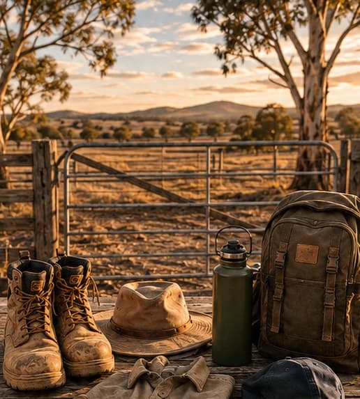 Staubige Work Boots, Hut, Trinkflasche und Rucksack vor einem Farmtor im Outback