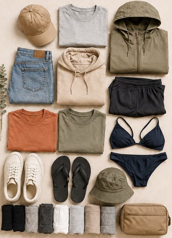 Flatlay mit T-Shirts, Hoodie, Regenjacke, Sneakern und Badesachen