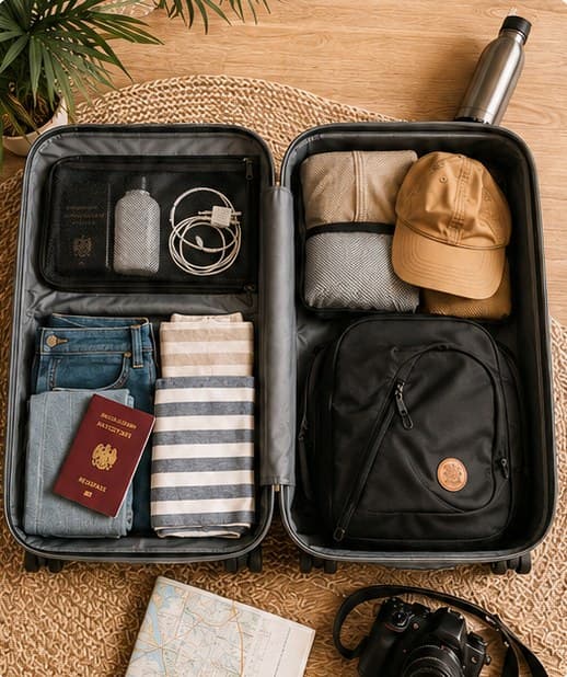Geöffneter Koffer mit Reisepass, Kleidung, Cap und Daypack