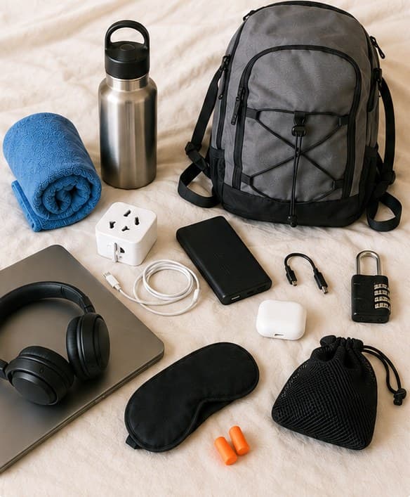 Rucksack, Trinkflasche, Powerbank, Kopfhörer, Adapter und Schlafmaske