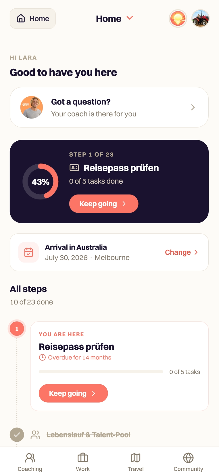 Die Work & Travel Guide App: Startseite mit Coach, Fortschritt und allen Schritten